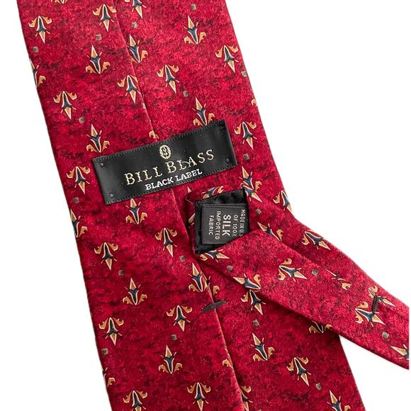 Bill Blass vintage 100% silk fleur de lis luxe print designer tie red gold 4" w - Picture 2 of 5